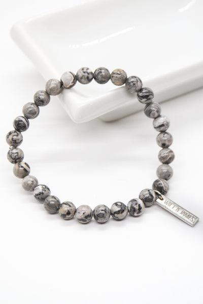 Harmony and Reconciliation White Rhodium Plate Grey Jasper Stretch Bracelet