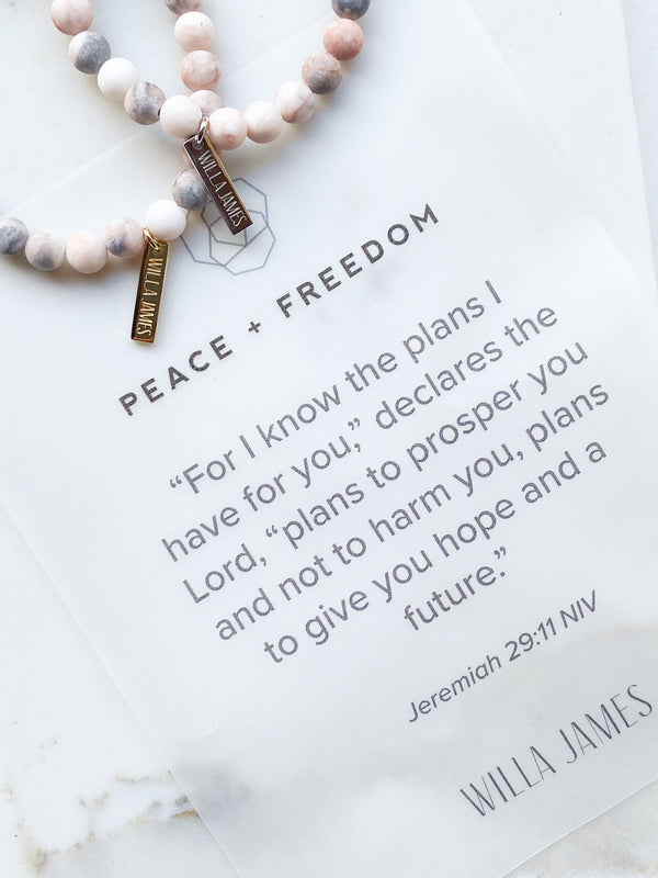Peace and Freedom 14K Gold Plate Matte Pink Zebra Jasper Stretch Bracelet