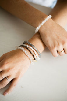 Provision and Protection White Rhodium Plate Clear Quartz Round Matte Amplify Stretch Bracelet