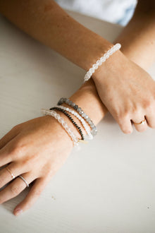 Provision and Protection White Rhodium Plate Clear Quartz Round Matte Amplify Stretch Bracelet