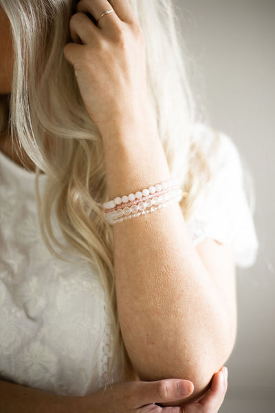 Health and Stability White Rhodium Plate Rose Quartz and Clear Quartz Set of 4 Bracelets