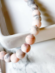 Peace and Freedom White Rhodium Plate Matte Pink Zebra Jasper Stretch Bracelet