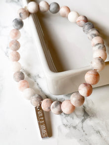 Peace and Freedom White Rhodium Plate Matte Pink Zebra Jasper Stretch Bracelet