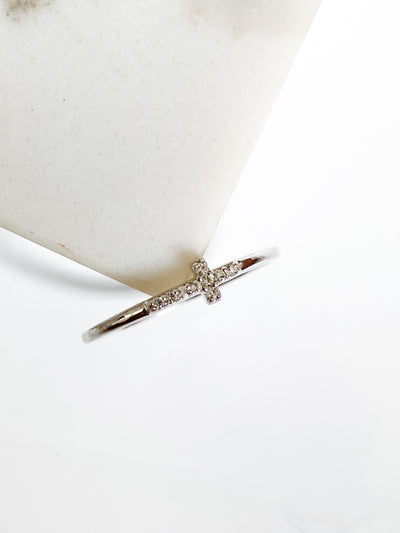 Isaiah Collection White Rhodium Plate Petite White Topaz Cross Ring