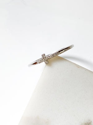Isaiah Collection White Rhodium Plate Petite White Topaz Cross Ring