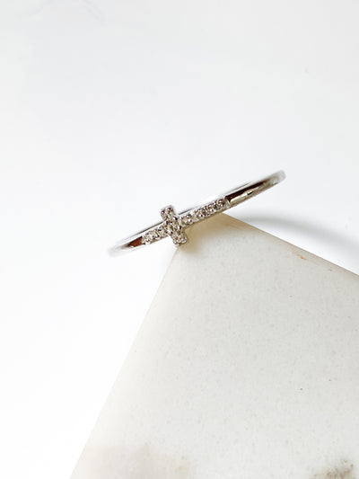 Isaiah Collection White Rhodium Plate Petite White Topaz Cross Ring