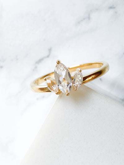 Ecclesiastes Collection 14K Gold Plate Sterling Silver Triple Marquise Clear Quartz Ring
