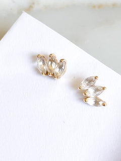 Ecclesiastes Collection 14K Gold Plate Sterling Silver Triple Marquise Clear Quartz Stud Earrings