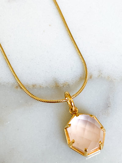 Corinthians Collection 14K Gold Plate 15” + 2” Extender 7-Sided Rose Quartz Rose Cut Pendant Necklace