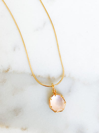 Corinthians Collection 14K Gold Plate 15” + 2” Extender 7-Sided Rose Quartz Rose Cut Pendant Necklace