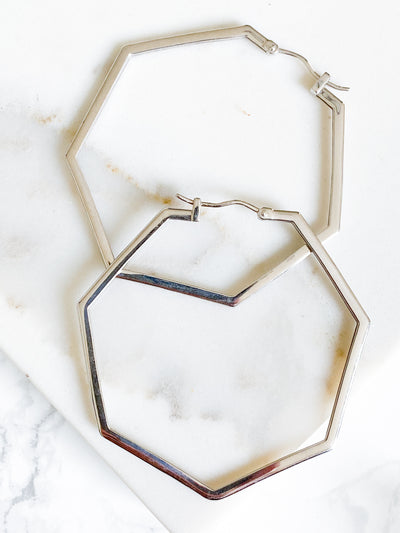 Corinthians Collection White Rhodium Plate Bold 2.5” 7-Sided Hoop Earrings