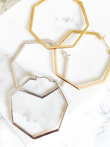 Corinthians Collection White Rhodium Plate Bold 2.5” 7-Sided Hoop Earrings