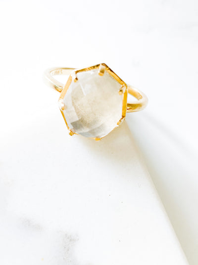 Corinthians Collection 14K Gold Plate 7-Sided Clear Quartz Rose Cut Ring