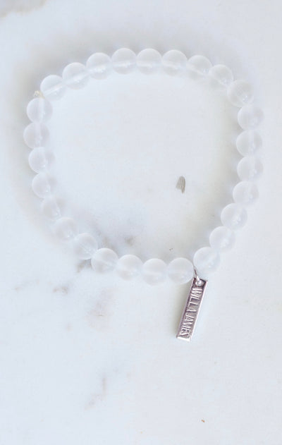 Provision and Protection White Rhodium Plate Clear Quartz Round Matte Amplify Stretch Bracelet