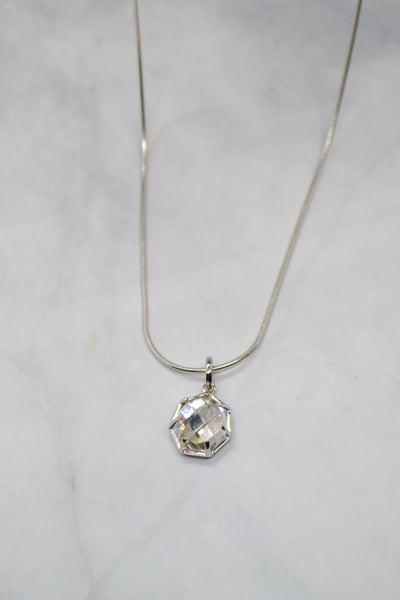 Corinthians Collection White Rhodium Plate 15” + 2” Extender 7-Sided Clear Quartz Rose Cut Pendant Necklace