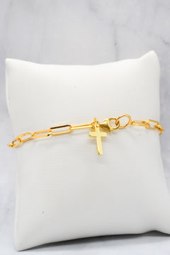 John Collection 14K Gold Plate Polished Paperclip Chain Cross Dangle Bracelet