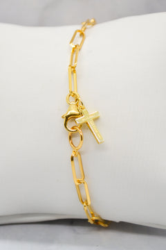 John Collection 14K Gold Plate Polished Paperclip Chain Cross Dangle Bracelet