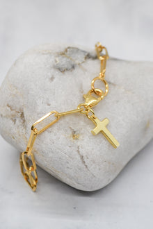 John Collection 14K Gold Plate Polished Paperclip Chain Cross Dangle Bracelet