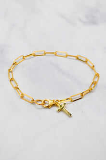 John Collection 14K Gold Plate Polished Paperclip Chain Cross Dangle Bracelet