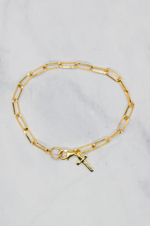 John Collection 14K Gold Plate Polished Paperclip Chain Cross Dangle Bracelet