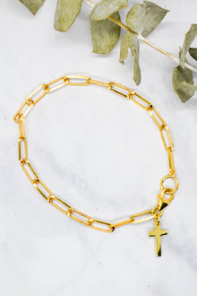 John Collection 14K Gold Plate Polished Paperclip Chain Cross Dangle Bracelet