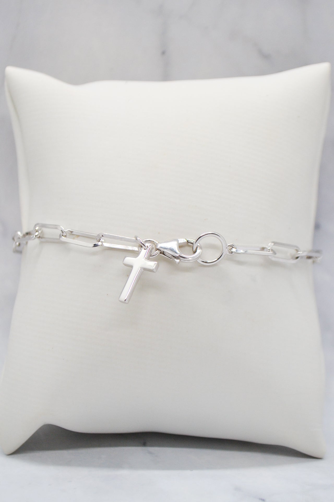 John Collection White Rhodium Plate Polished Paperclip Chain Cross