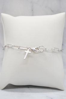 John Collection White Rhodium Plate Polished Paperclip Chain Cross Charm Bracelet
