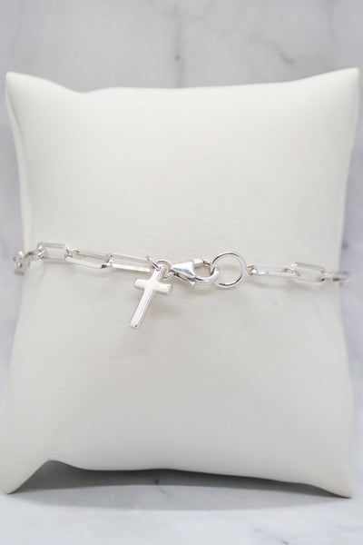 John Collection White Rhodium Plate Polished Paperclip Chain Cross Charm Bracelet