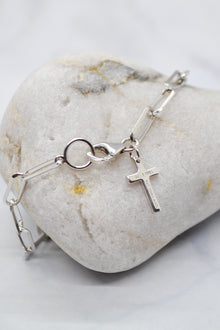 John Collection White Rhodium Plate Polished Paperclip Chain Cross Charm Bracelet