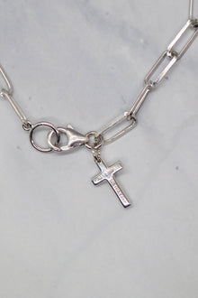 John Collection White Rhodium Plate Polished Paperclip Chain Cross Charm Bracelet