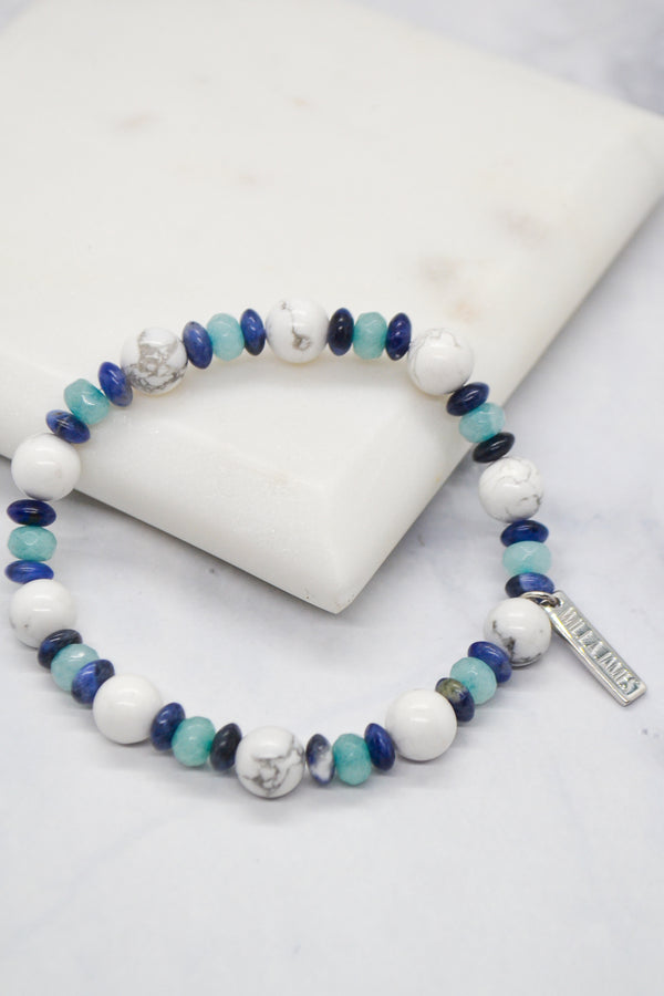 White Stone Beaded Crystal Bracelet | Calming Howlite + Stone of Choice 7.5 Large / ite (Light Blue) / Silver Plated Bead