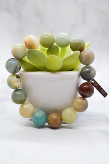 Congratulations and Praise White Rhodium Clad 12mm Amazonite Stretch Bracelet