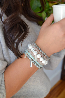 Provision and Protection White Rhodium Plate Clear Quartz Round Matte Amplify Stretch Bracelet