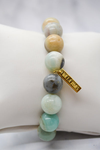 Congratulations and Praise 14K Gold Plate 12mm Polished Amazonite Gemstone Stretch Bracelet