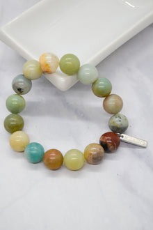 Congratulations and Praise White Rhodium Clad 12mm Amazonite Stretch Bracelet