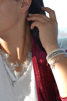 Luke Collection White Rhodium Plate Petite 3 Bead Bar Stud Earrings