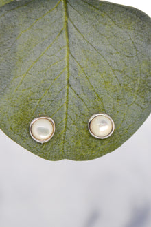 Proverbs Collection White Rhodium Plate Mother of Pearl Doublet Organic Bezel Earrings