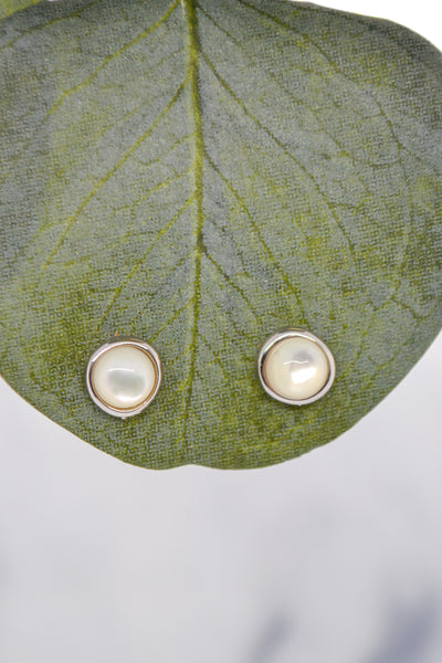 Proverbs Collection White Rhodium Plate Mother of Pearl Doublet Organic Bezel Earrings