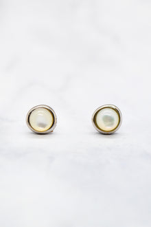 Proverbs Collection White Rhodium Plate Mother of Pearl Doublet Organic Bezel Earrings