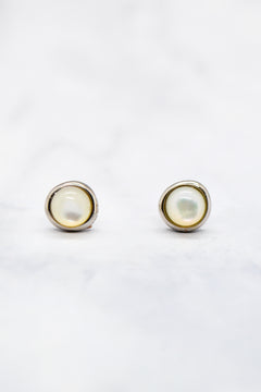 Proverbs Collection White Rhodium Plate Mother of Pearl Doublet Organic Bezel Earrings