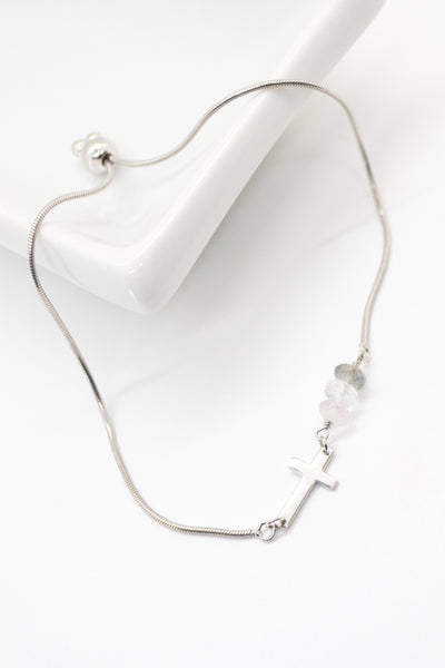 Ecclesiastes Collection White Rhodium Plate Polished Cross Triple Gem Adjustable Bola Bracelet