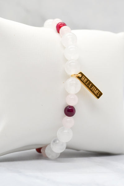 Sisterhood Collection 14K Plate White Jade, Rose Quartz and Pink Banded Agate Stretch Bracelet