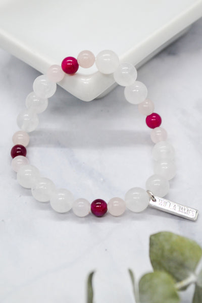 Sisterhood Collection White Rhodium Plate White Jade, Rose Quartz and Hot Pink Agate Stretch Bracelet
