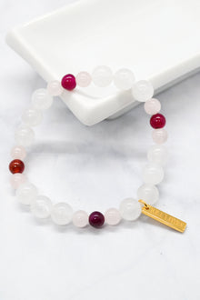 Sisterhood Collection 14K Plate White Jade, Rose Quartz and Pink Banded Agate Stretch Bracelet