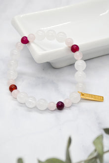 Sisterhood Collection 14K Plate White Jade, Rose Quartz and Pink Banded Agate Stretch Bracelet