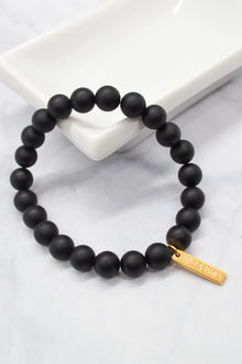 Strength and Courage 14K Gold Plate 8mm Round Matte Black Agate Stretch Bracelet