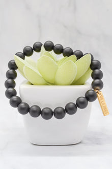 Strength and Courage 14K Gold Plate 8mm Round Matte Black Agate Stretch Bracelet
