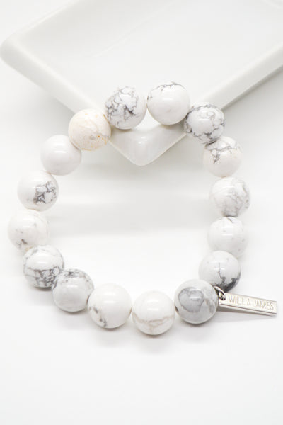 Tranquil Mind and Serenity White Rhodium Plate 12mm Polished Howlite Stretch Bracelet