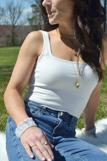 Hope and Faith 14K Gold Plate White Jade and Blue Lace Agate Stretch Bracelet