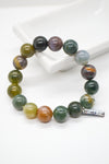 Tranquil Mind and Serenity White Rhodium Plate Bold 12mm Indian Agate Gemstone Stretch Bracelet